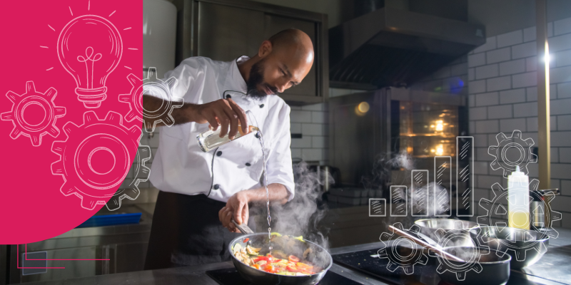 Chef profissional preparando prato gourmet com eficiência em cozinha moderna e iluminada, destacando agilidade no serviço de alimentos e bebidas.
