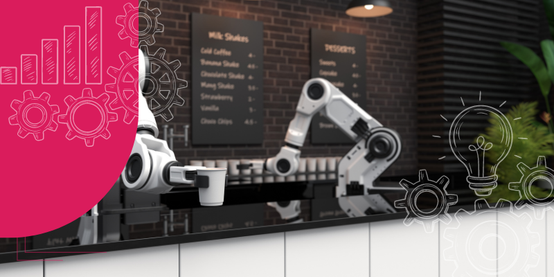 Braço robótico servindo café em uma cafeteria tecnológica, representando a intersecção da alta gastronomia com inovações no atendimento ao cliente.