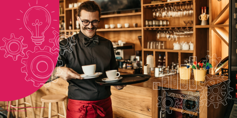 Interior de cafeteria bem iluminado com detalhes em madeira e clientes, ideal para quem procura inspiração em como montar uma cafeteria.
