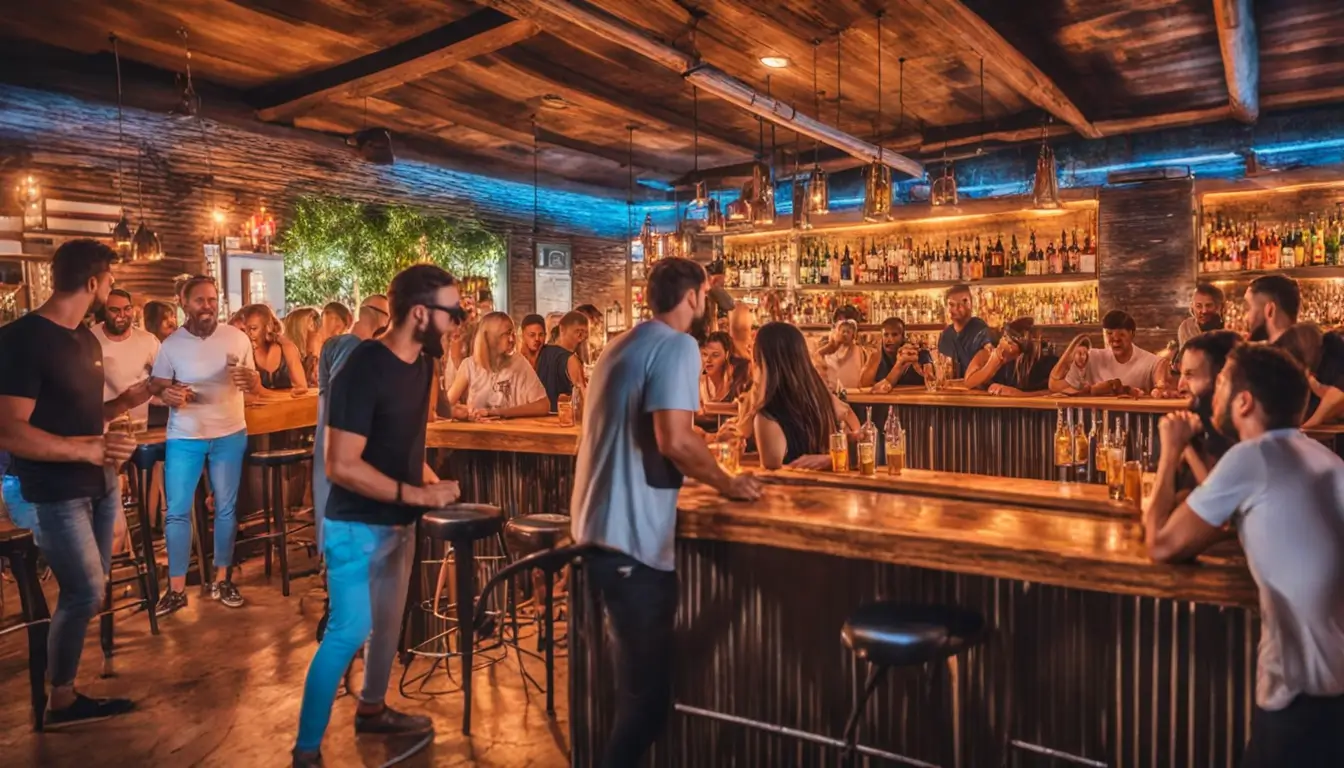 Clientes sorridentes brindando com cervejas e coquetéis em um bar moderno e acolhedor, decorado com luzes suaves e balões festivos durante o Dia do Amigo.