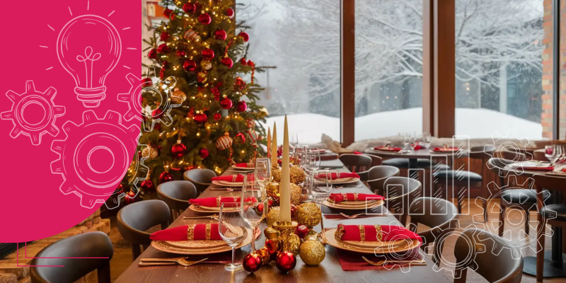 Ambiente de restaurante natalino com árvore de Natal, mesa decorada e neve caindo do lado de fora.